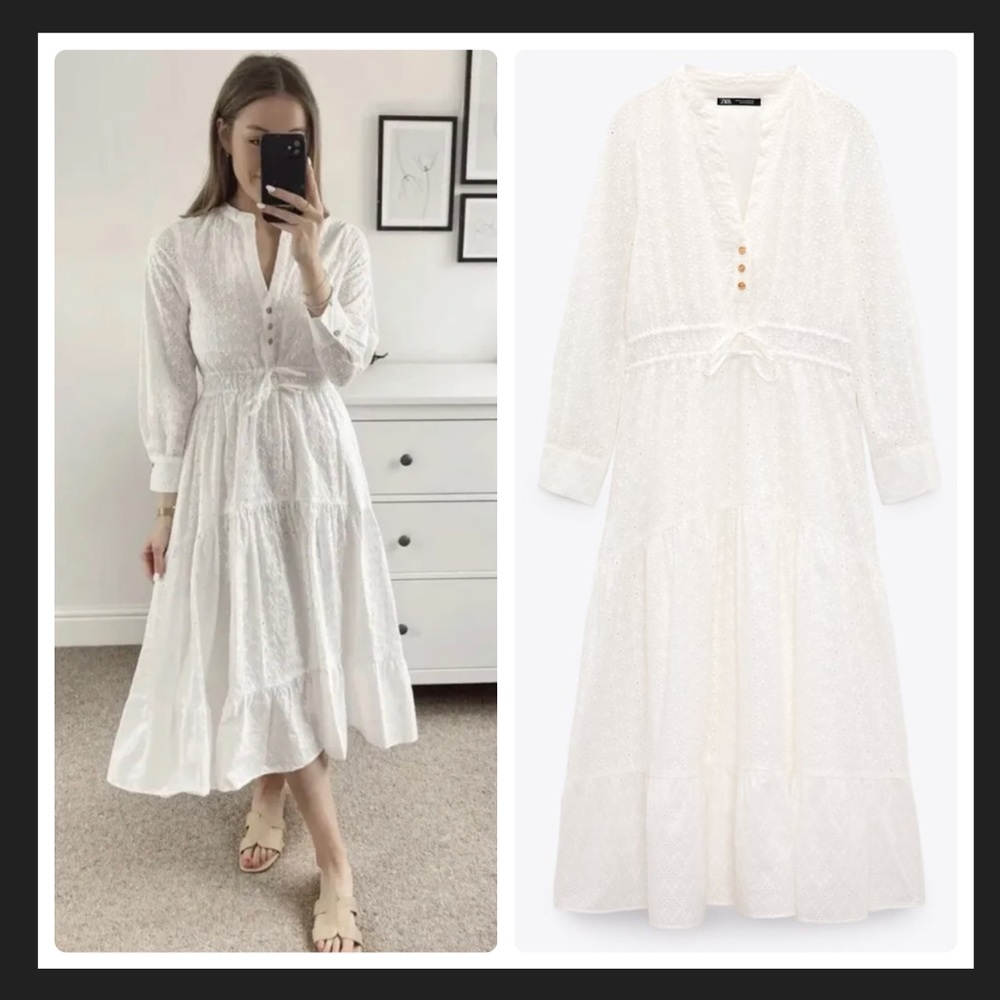 ZARA MIDI RUFFLED COMBINED PERFORATED EMBROIDERY DRESS